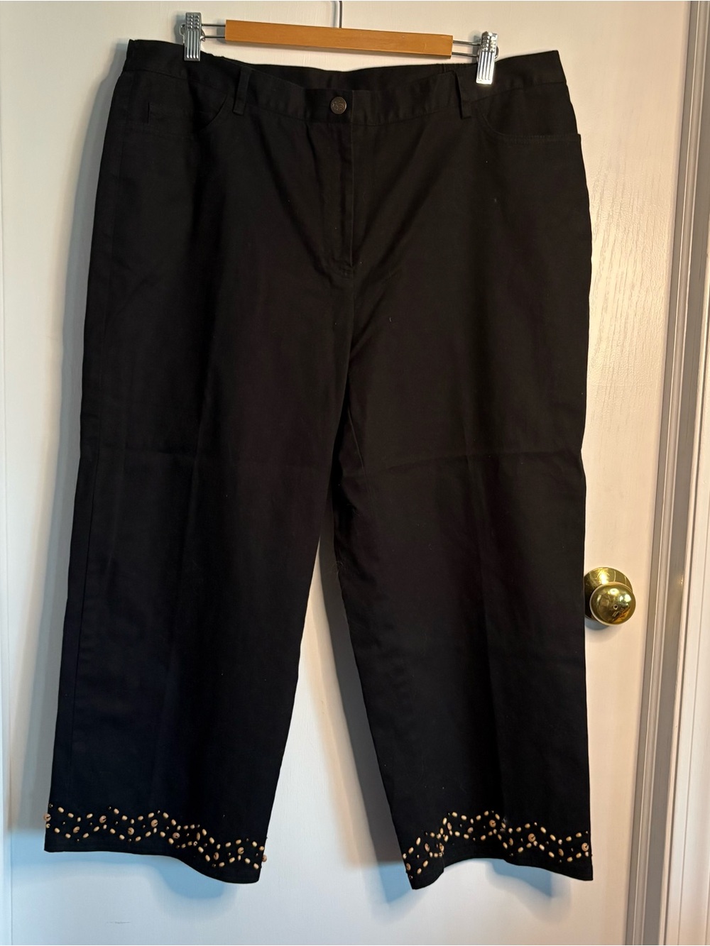 Ruby Rd. Sz 16 Black Denim Beaded Hem Stretch Crop Pants Boho Grandmacore Y2K
